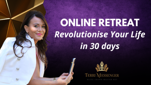 purple background with Terri looking at "Online Retreat – Revolutionise Your Life In 30 Days"